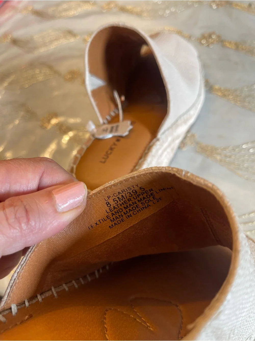 Lucky Brand Cream Textured Espadrille Wedge Slides genuine leather bone 8.5